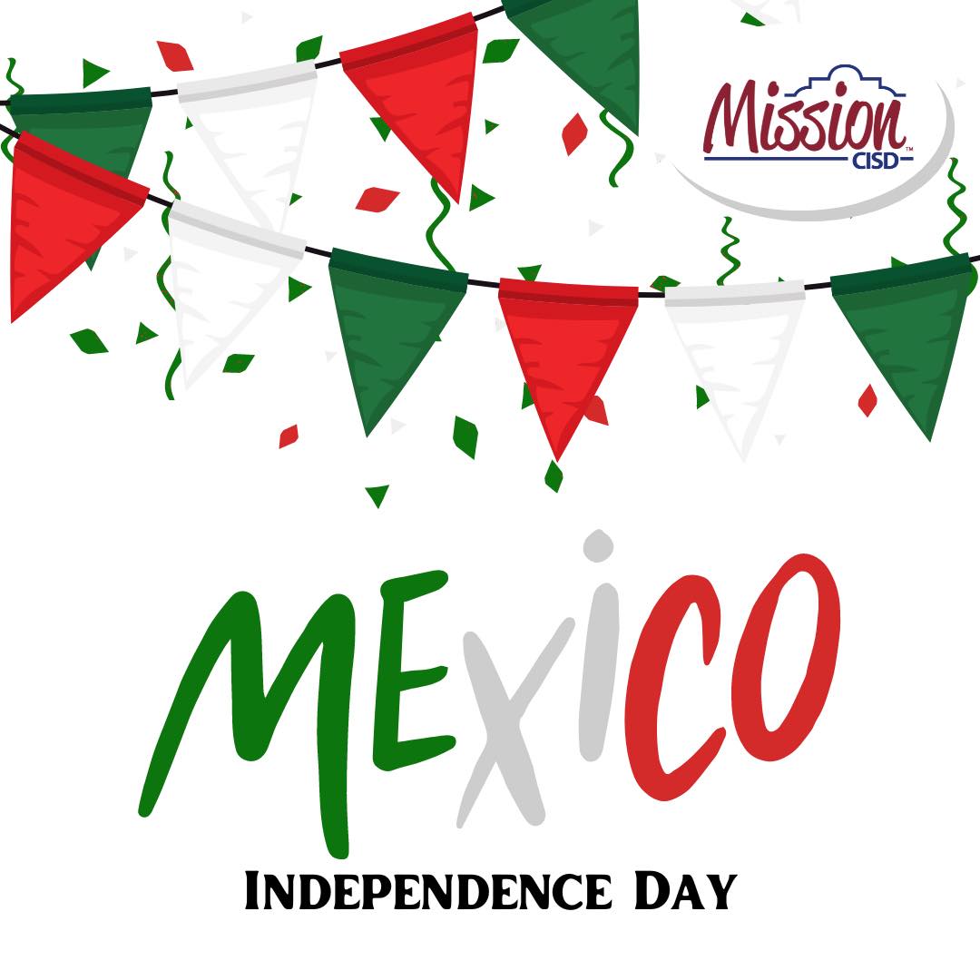 Mission CISD graphic celebrating Mexico Independence Day. The text "Mexico" is written in green, white, and red lettering below matching green, white, and red festive bunting flags and confetti.
